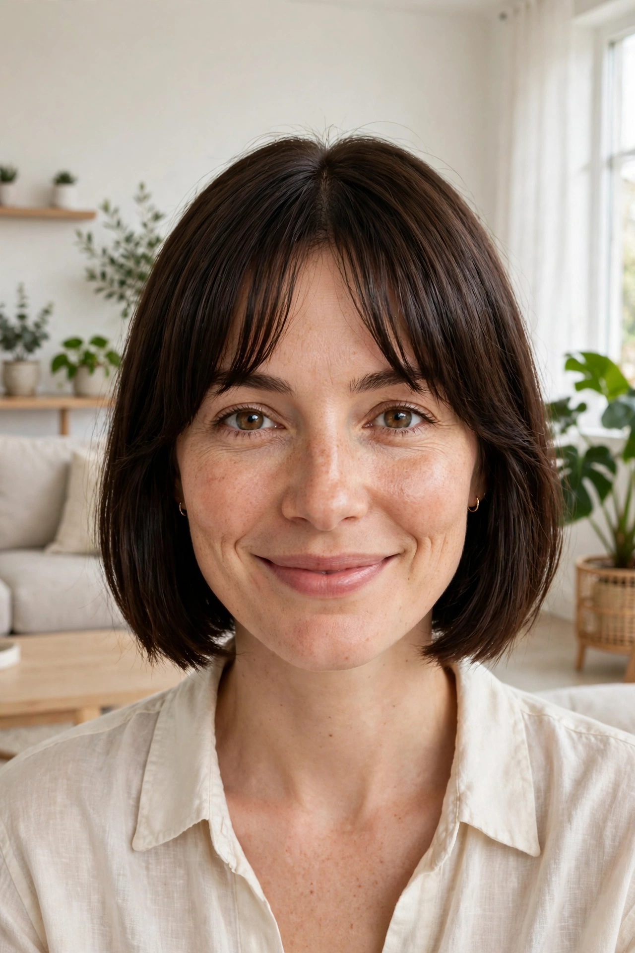 A woman with a blunt lob and a soft curtain fringe, smiling gently while standing in a bright, modern living room with light furniture and plants, shown from the shoulders up.
