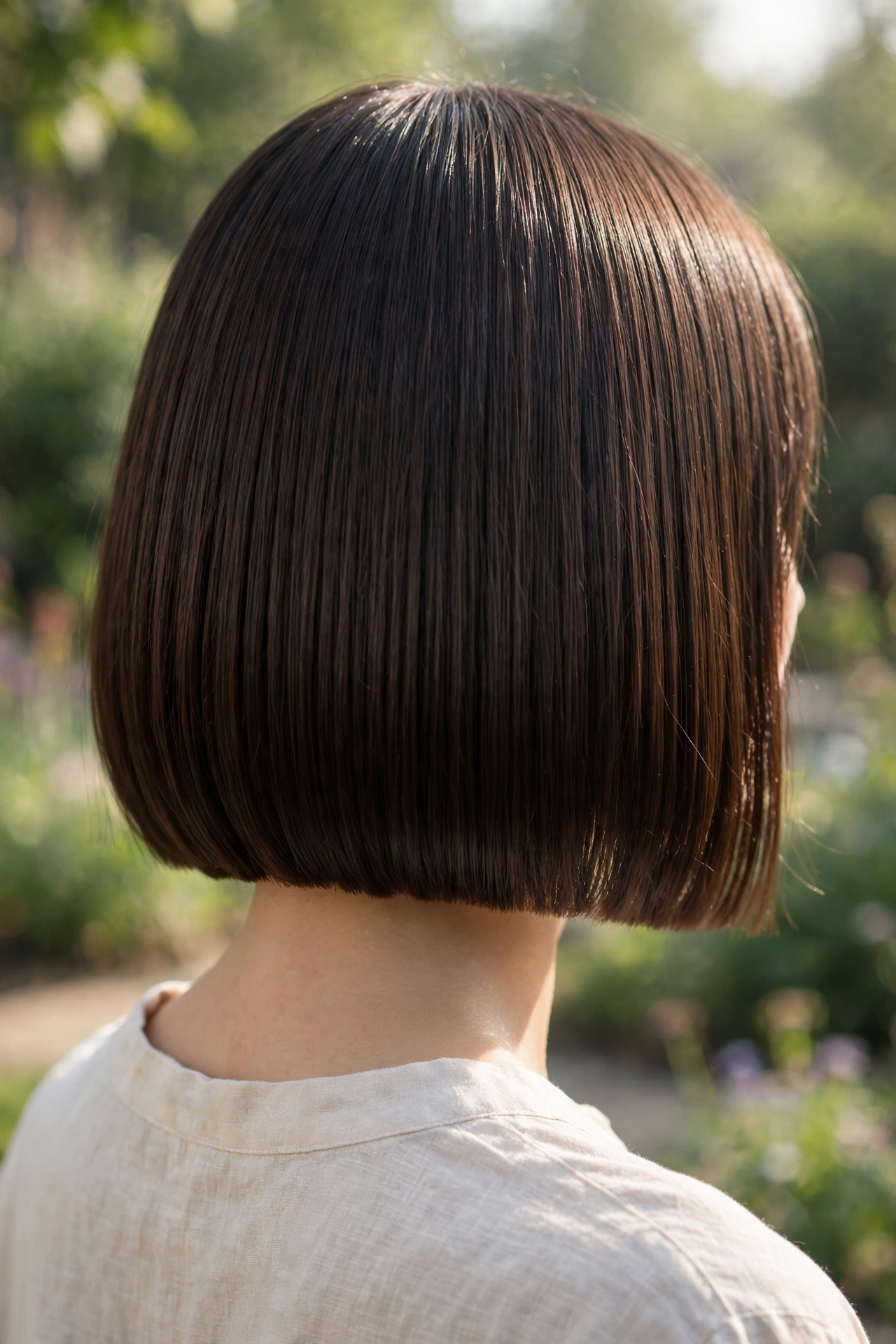 Back view of a woman with a collarbone-length blunt lob, highlighting the perfectly even ends and healthy shine, photographed outdoors in gentle morning light with a blurred garden background.