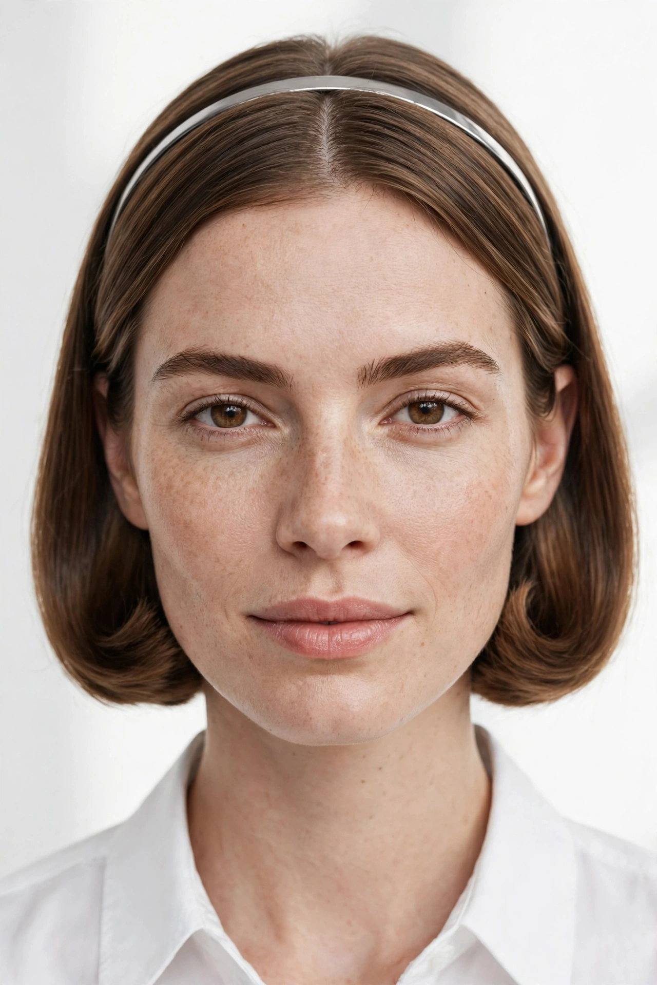 A woman with a blunt lob styled with the ends tucked under and a slim metallic headband, photographed in a bright studio setting, front-facing, shoulders up, with a polished, professional finish.