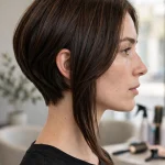 A woman with a sleek angled lob, shorter stacked back and longer front pieces falling to the collarbone, photographed in profile in a bright salon studio so the angle is clearly visible, against a soft neutral background.