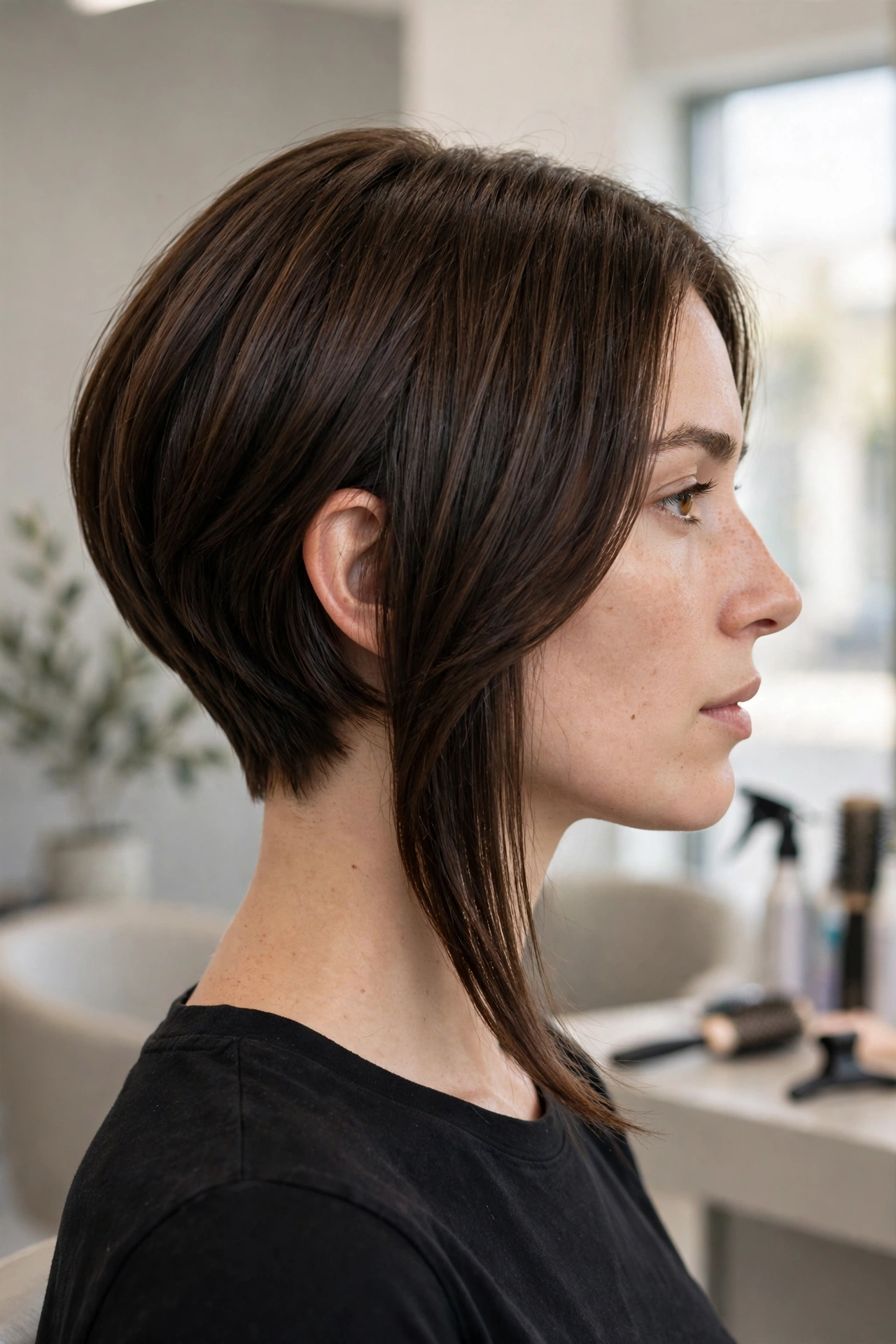 A woman with a sleek angled lob, shorter stacked back and longer front pieces falling to the collarbone, photographed in profile in a bright salon studio so the angle is clearly visible, against a soft neutral background.