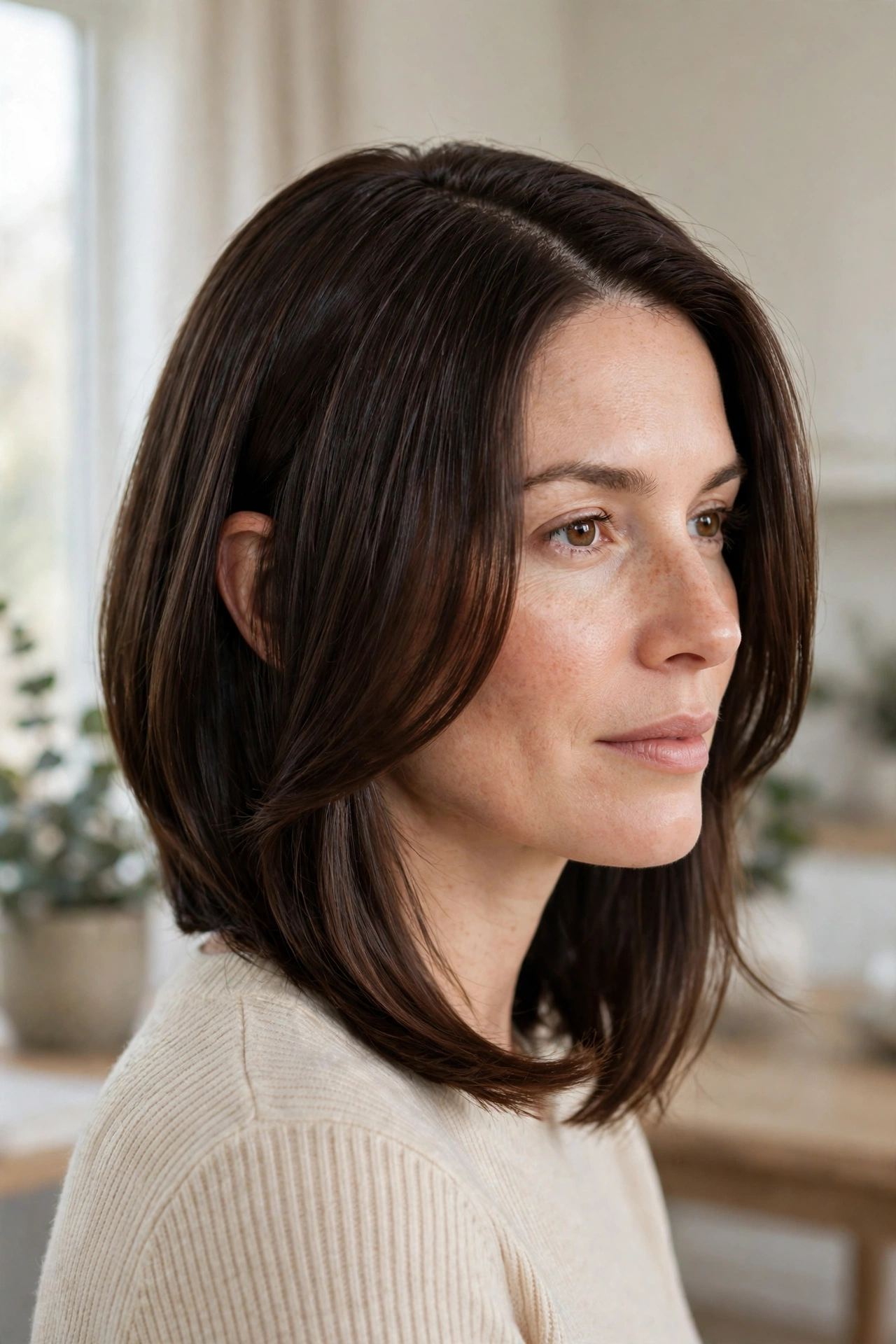 Three-quarter view of a woman with a classic A-line angled lob and a deep side part, smooth shiny hair, photographed in soft daylight indoors with the longer front piece framing her face.