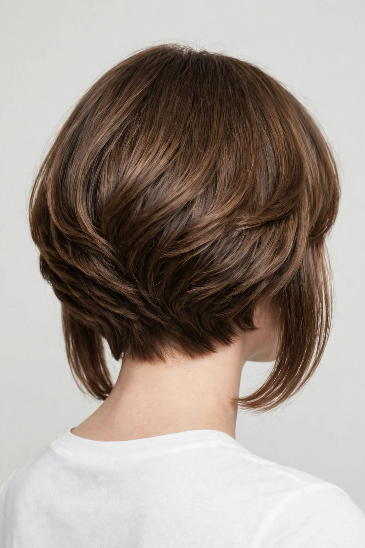 Back view of a woman with a graduated angled lob showing the rounded, layered back and the longer sides, photographed in a bright studio with a clean, neutral background.