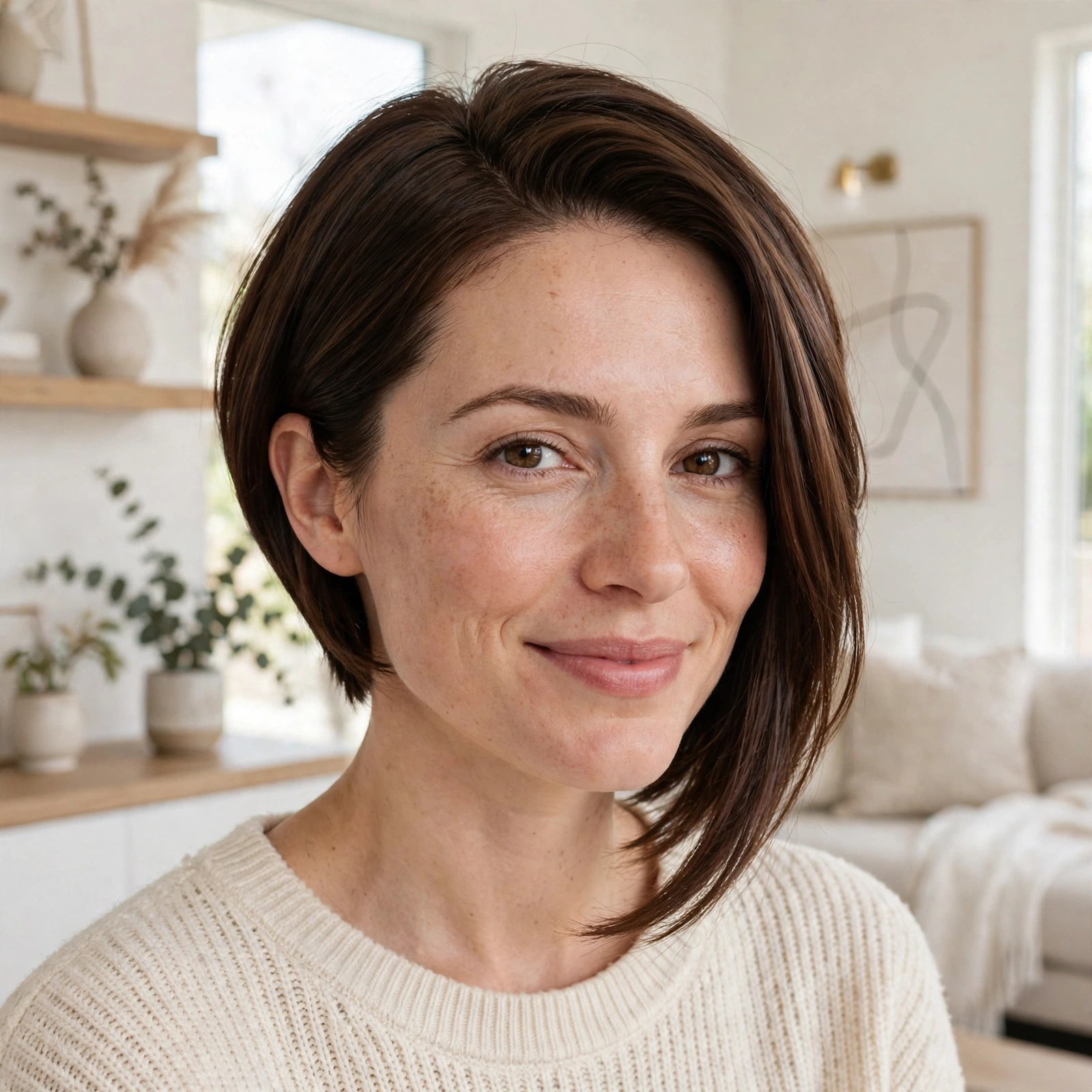 A woman with an asymmetric angled lob, one front piece longer than the other, smiling softly in a bright modern living room, shown from the shoulders up.