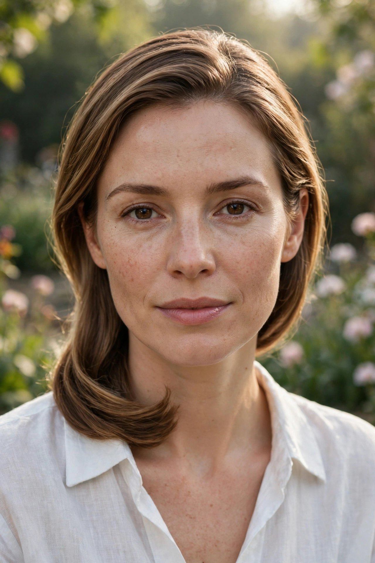 A woman with a long angled lob styled with the front pieces tucked under, photographed outdoors in gentle morning light with a blurred garden background, front-facing, shoulders up.