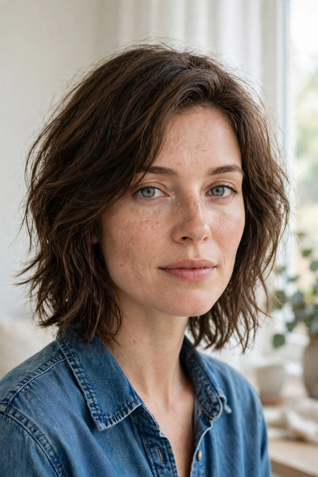 A woman with a choppy, textured lob with piecey, separated ends and natural volume, photographed in a bright room with soft daylight, shown from the shoulders up, wearing a casual denim shirt, with the layered texture clearly visible.