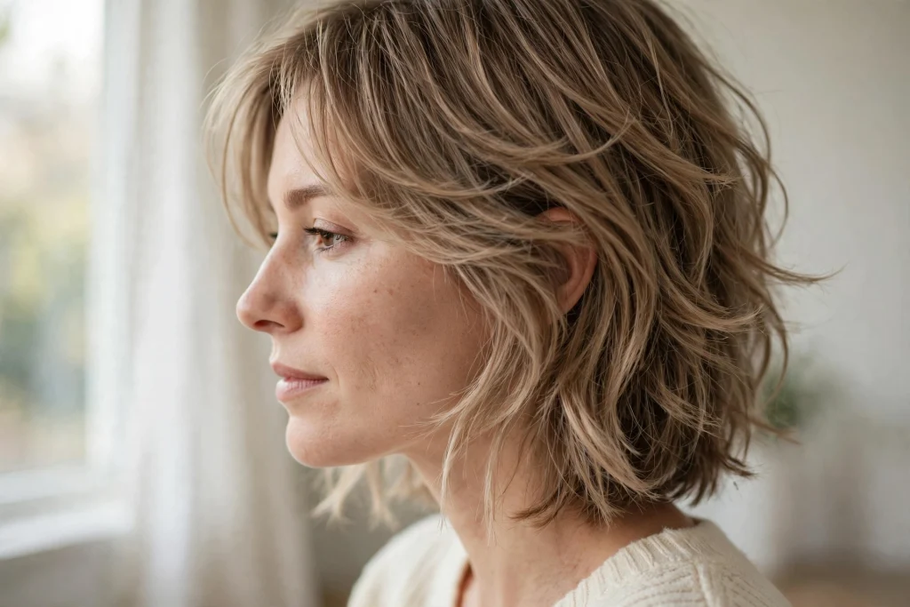 Close-up side view of a woman with a feathered textured lob, showing soft, airy layers around the face, photographed indoors in gentle natural light.