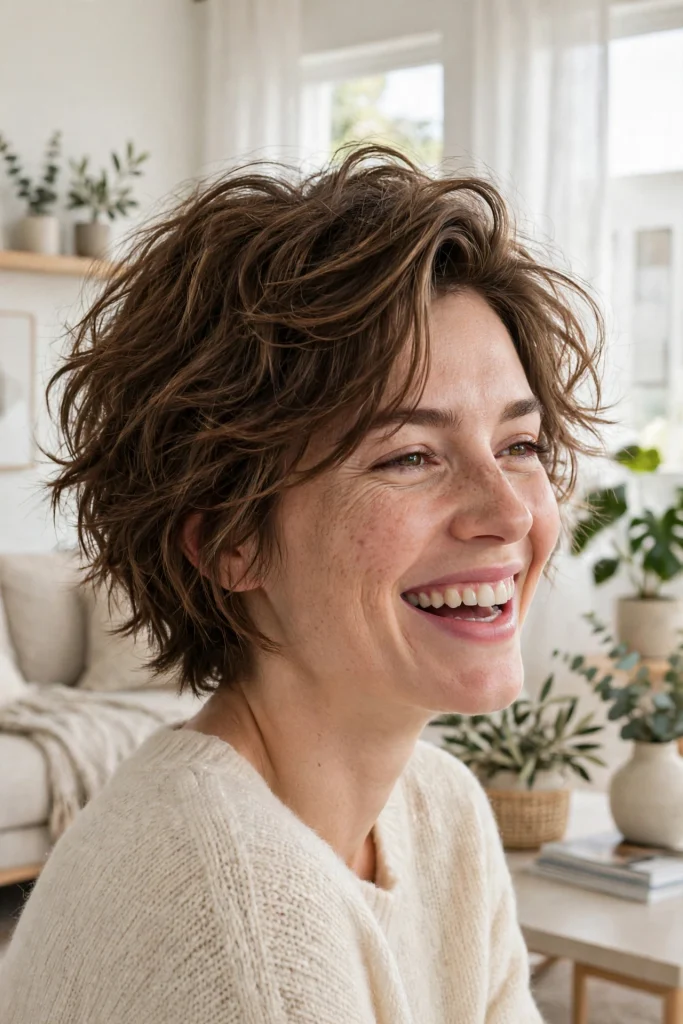 A woman with a tousled textured lob and a side part, laughing softly in a bright modern living room, shown from the shoulders up, with relaxed, voluminous texture.