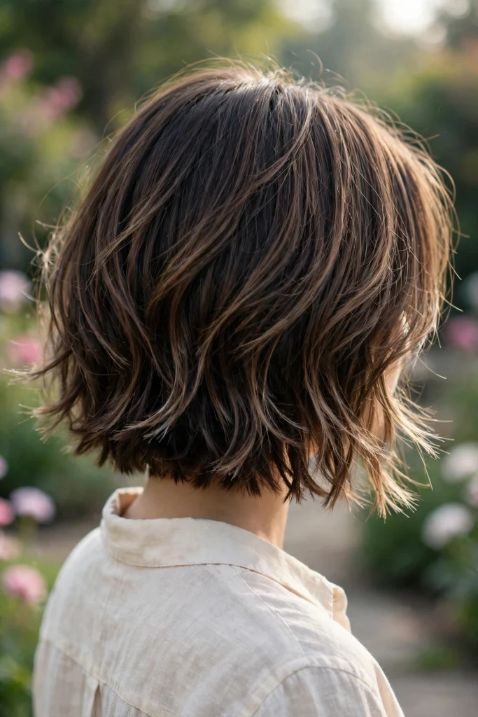 Back view of a woman with a razored textured lob, highlighting the wispy, separated ends and layered movement, photographed outdoors in soft morning light with a blurred garden background.