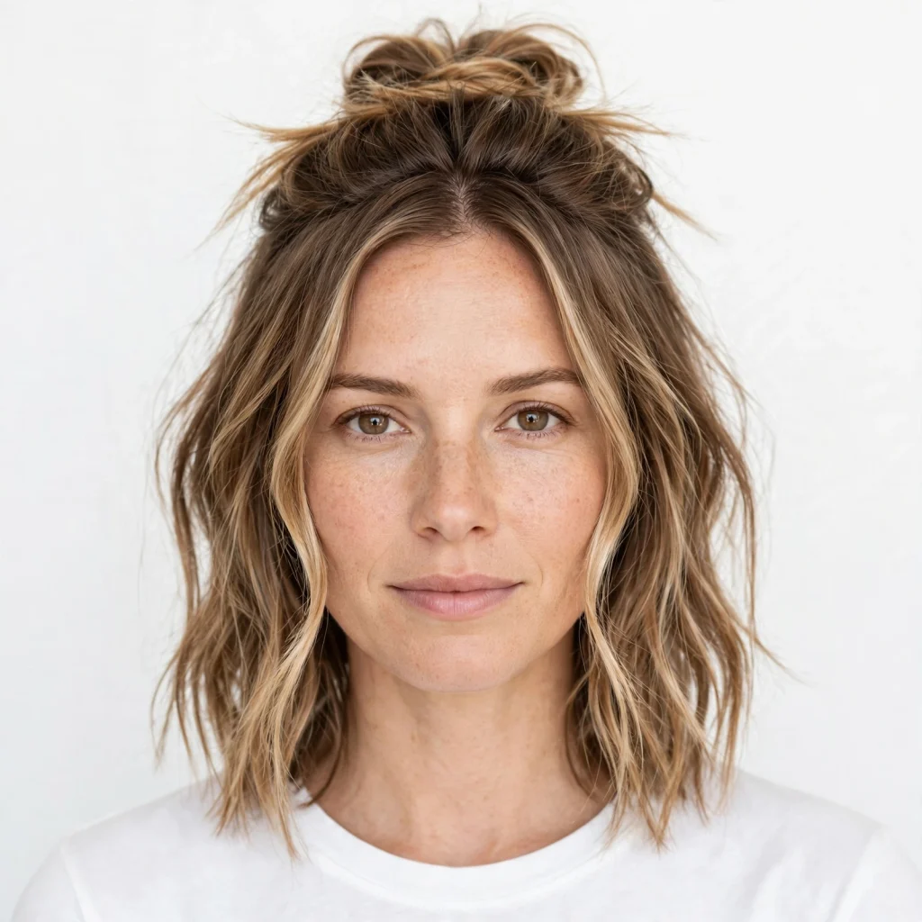 A woman with a textured lob styled in a loose half-up knot, photographed in a bright studio setting, front-facing, shoulders up, with piecey ends falling freely below the knot.