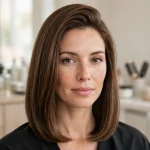 A woman with a full-looking, one-length lob ending at the collarbone, styled with root volume and smooth, shiny ends, photographed in a bright salon studio against a soft neutral background, shown from the shoulders up.