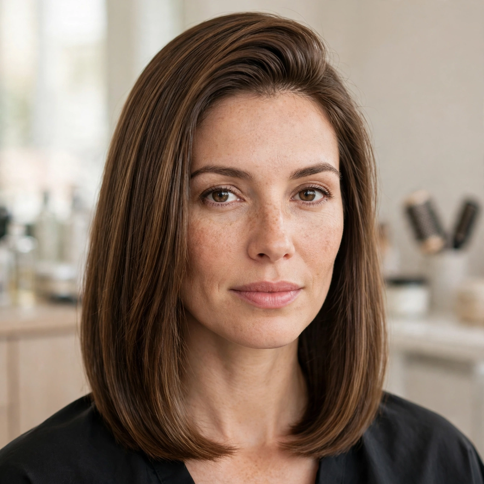A woman with a full-looking, one-length lob ending at the collarbone, styled with root volume and smooth, shiny ends, photographed in a bright salon studio against a soft neutral background, shown from the shoulders up.