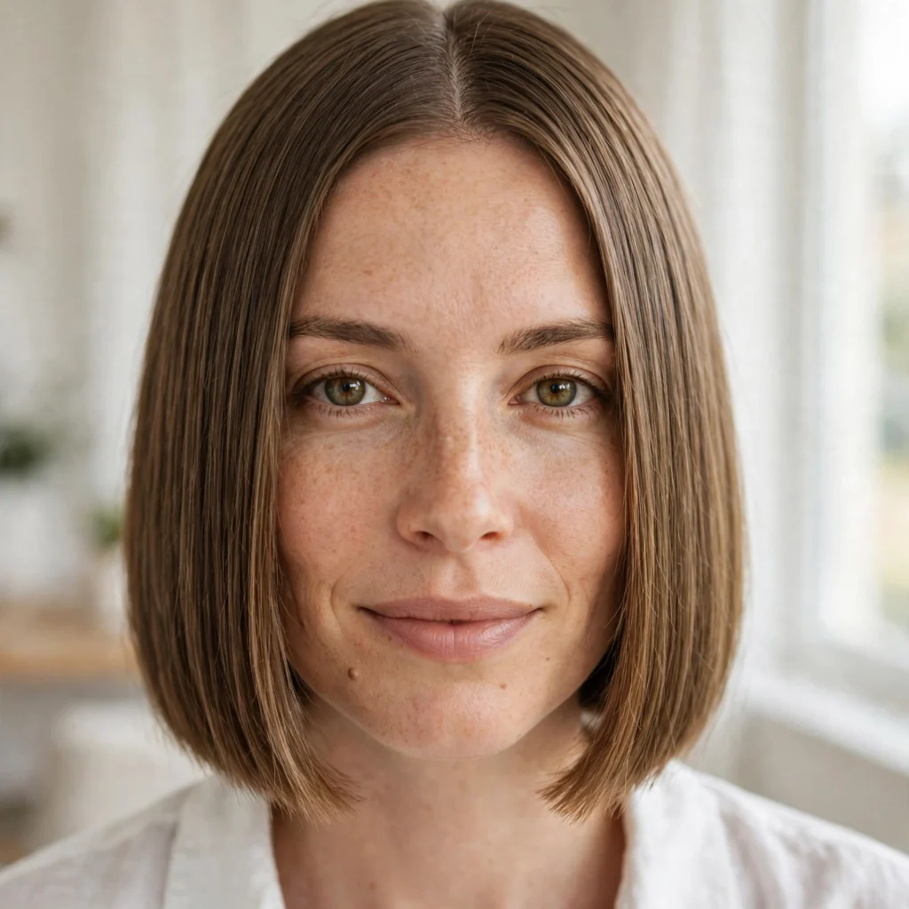 Close-up of a woman with a blunt lob for fine hair, showing the dense, even ends and healthy shine, photographed in soft daylight indoors.