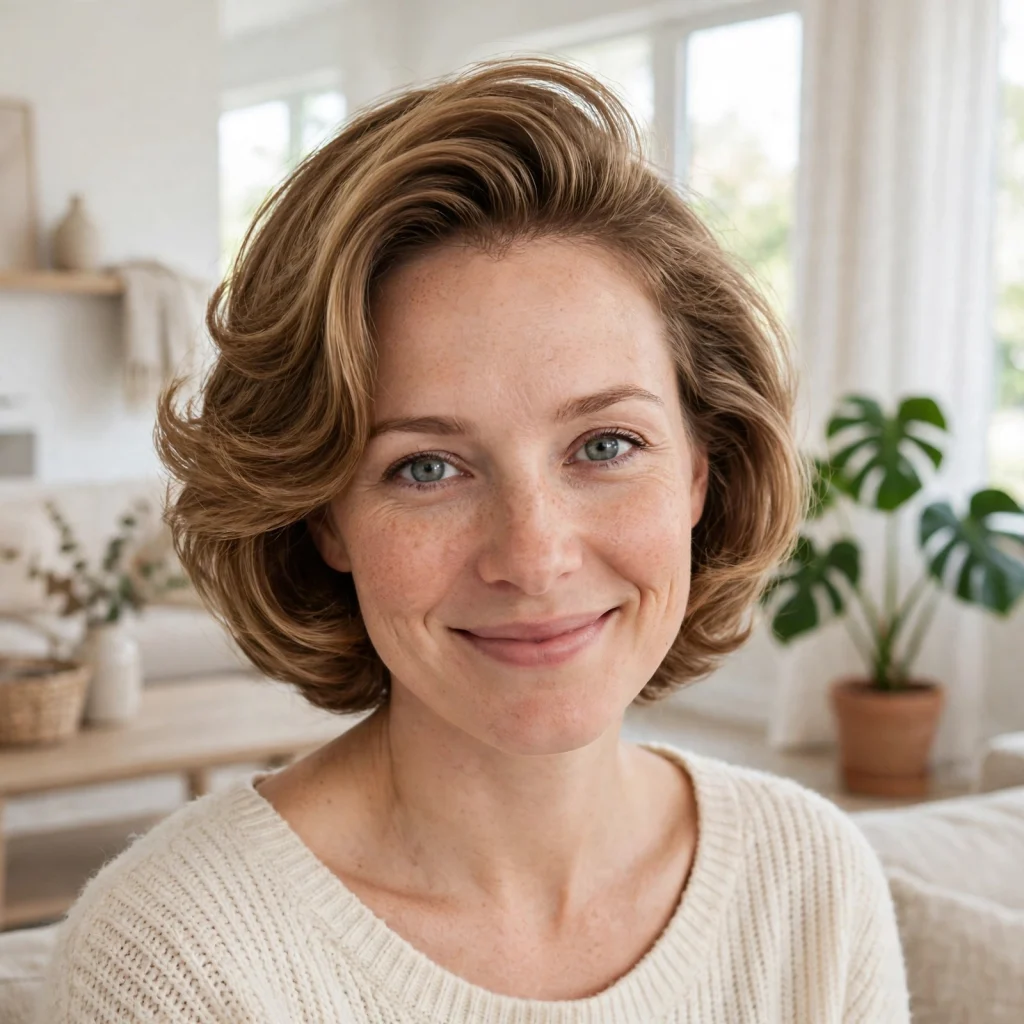 A woman with a fine-haired lob styled in a bouncy blowout with lifted roots and soft curves, smiling gently in a bright modern living room, shown from the shoulders up.