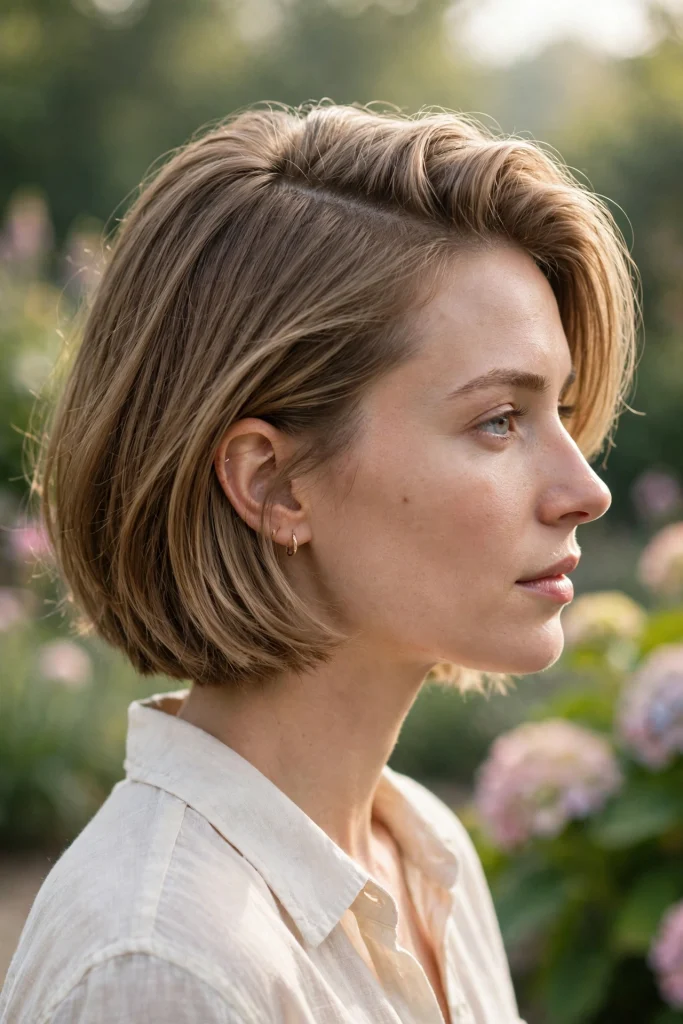 Side view of a woman with a chin-length lob for fine hair and a deep side part, highlighting the volume at the crown, photographed outdoors in gentle morning light with a blurred garden background.