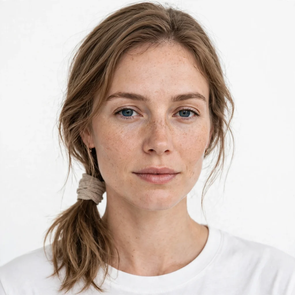 A woman with a fine-haired lob gathered into a loose, low ponytail with a wrapped elastic, photographed in a bright studio setting, front-facing, shoulders up, with a polished finish.