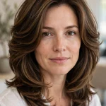 A woman with a shaped, long-layered lob for thick hair, smooth and full with soft movement, shoulder-length to just past the shoulders, brown hair, wearing a white top, photographed in a bright salon studio against a soft neutral background, shown from the shoulders up.