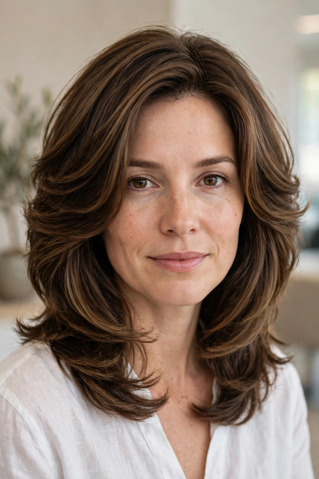 A woman with a shaped, long-layered lob for thick hair, smooth and full with soft movement, shoulder-length to just past the shoulders, brown hair, wearing a white top, photographed in a bright salon studio against a soft neutral background, shown from the shoulders up.