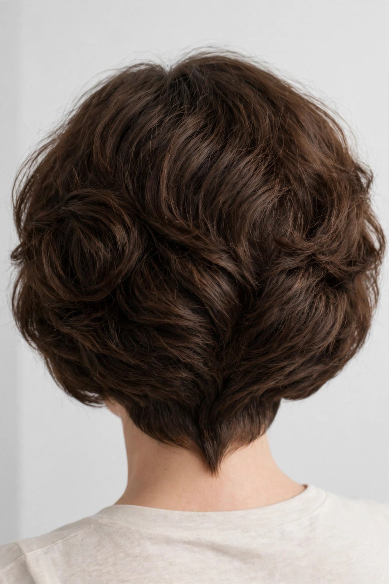 Back view of a short wavy/curly bob-like shape with a pointed tapered nape, not lob length, photographed in a bright studio with a clean, neutral background.