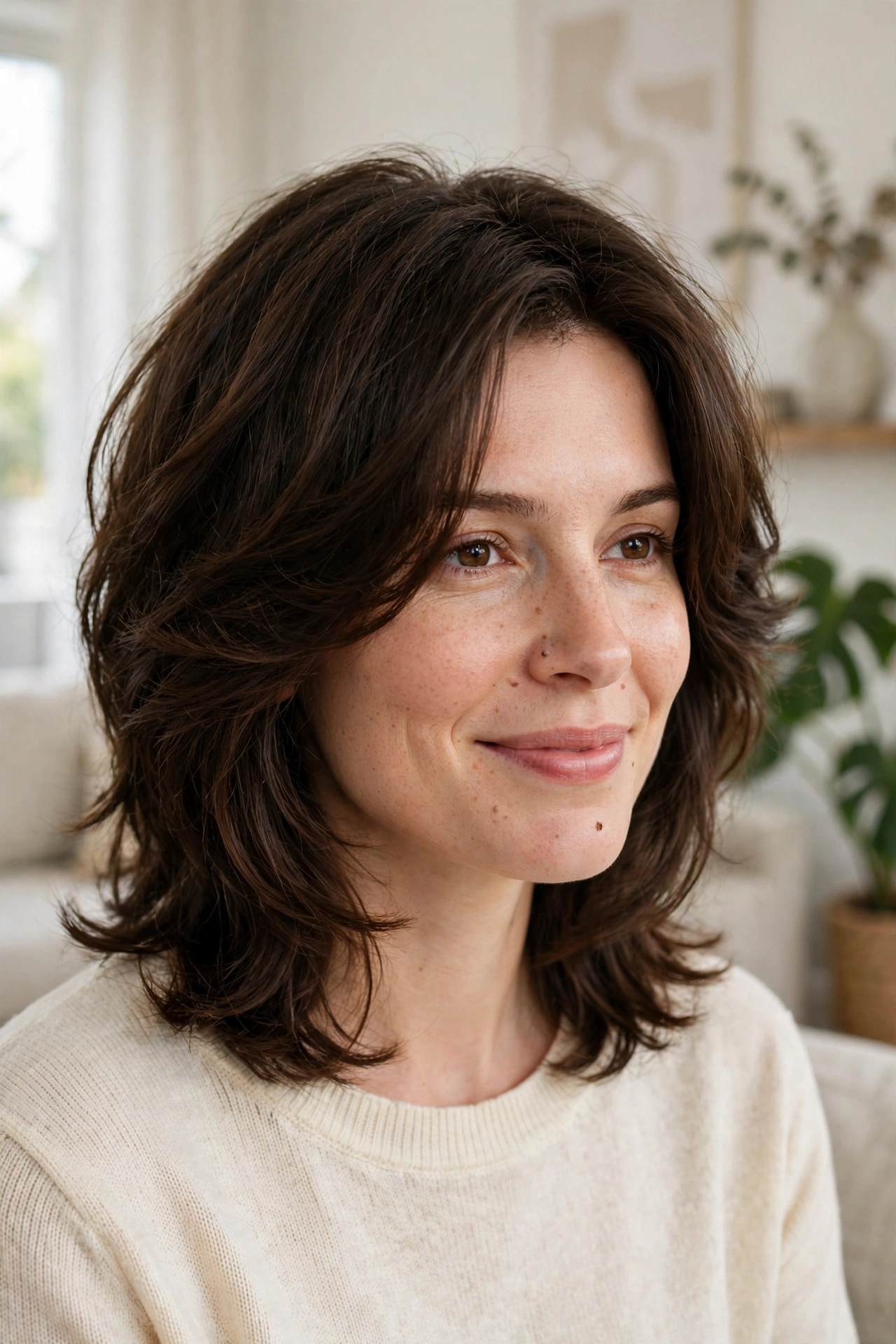 A woman with a thick-haired lob and face-framing layers, smiling gently in a bright modern living room, shown from the shoulders up, wearing a cream sweater, the layered shape clearly visible.