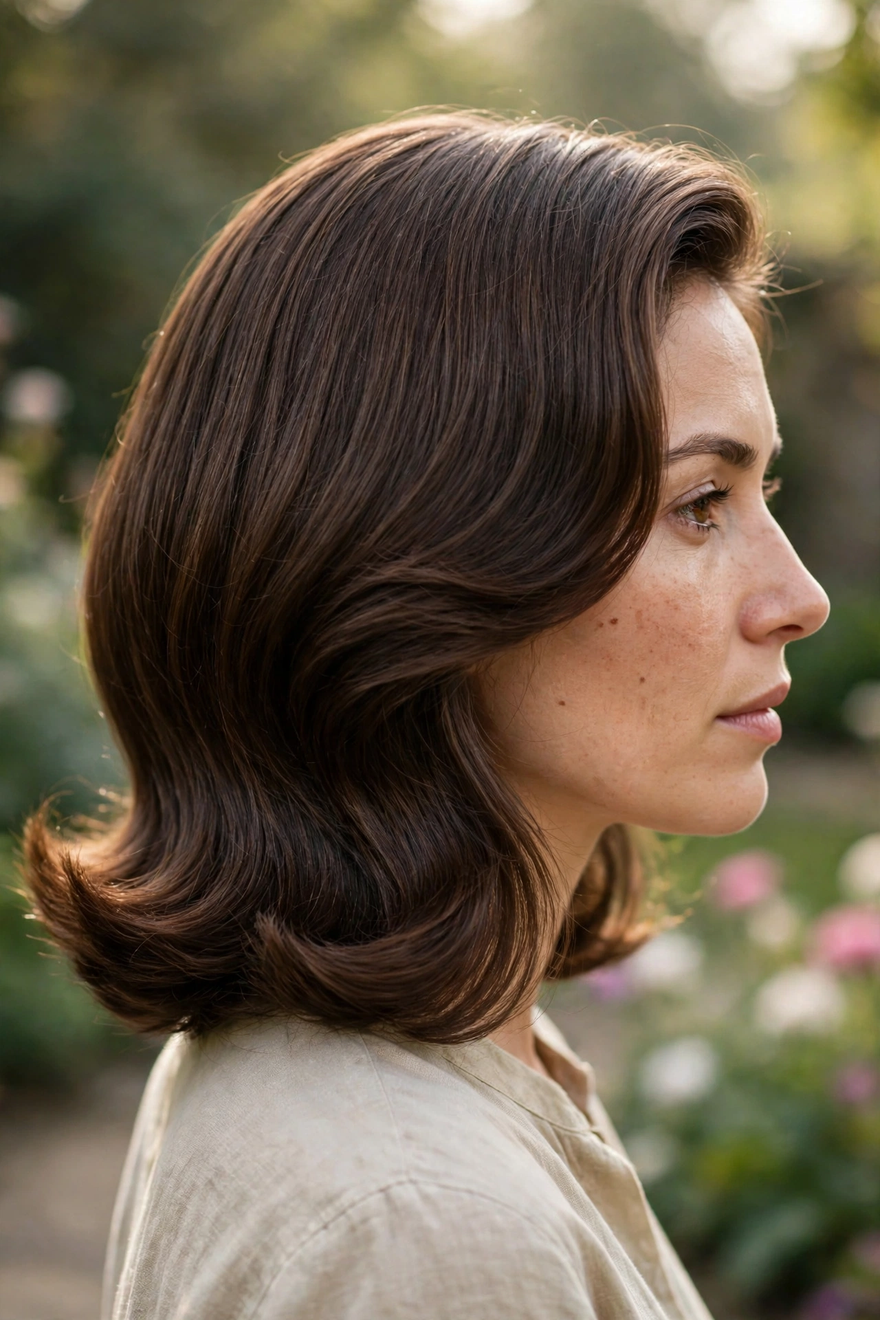 Side view of a woman with a sleek blowout lob for thick hair, smooth shiny strands with softly curved/wavy ends, photographed outdoors in gentle morning light with a blurred garden background, wearing a beige top.