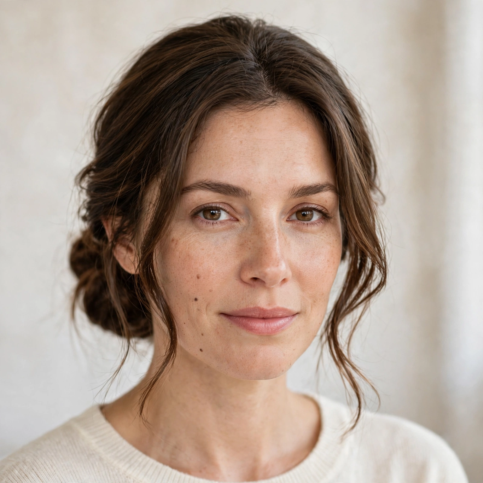 A woman with a thick-haired lob gathered into a low bun with a few loose face-framing pieces, photographed in a bright studio setting, front-facing, shoulders up, wearing a cream sweater, with a polished finish.