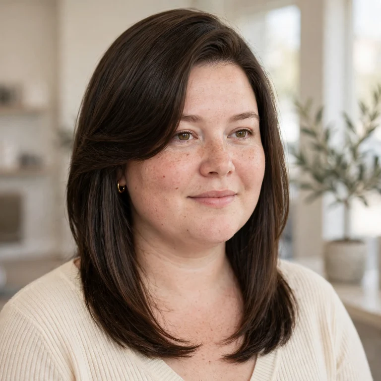 A woman with a round face and a collarbone-length lob with long front pieces and a deep side part, photographed in a bright salon studio against a soft neutral background, shown from the shoulders up, wearing a cream sweater and a small gold hoop earring, the lengthening shape clearly visible.