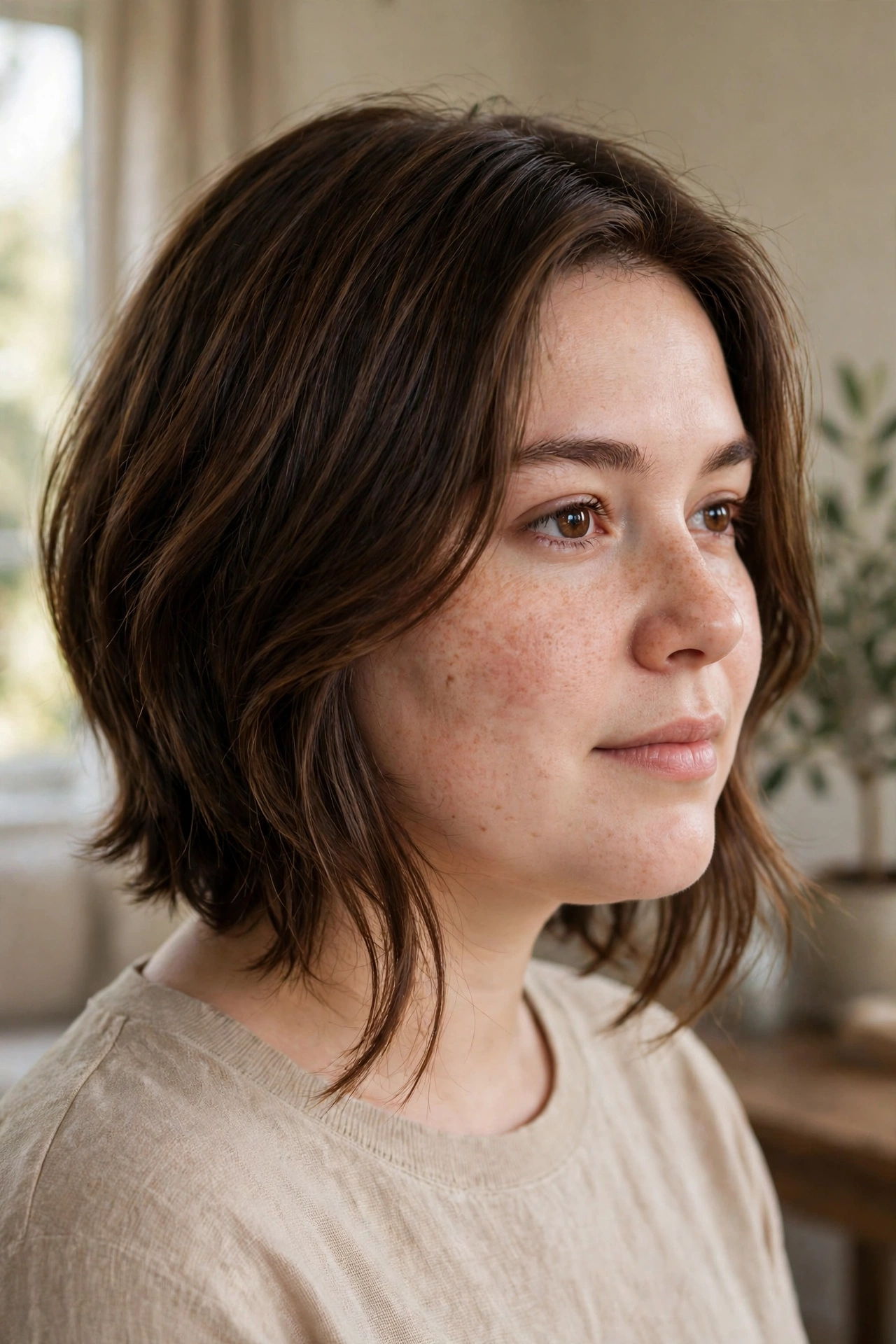 Three-quarter view of a woman with a round face and an angled lob, longer front pieces framing the jawline and falling past the jawline while the back reads bob-short, photographed in soft daylight indoors.