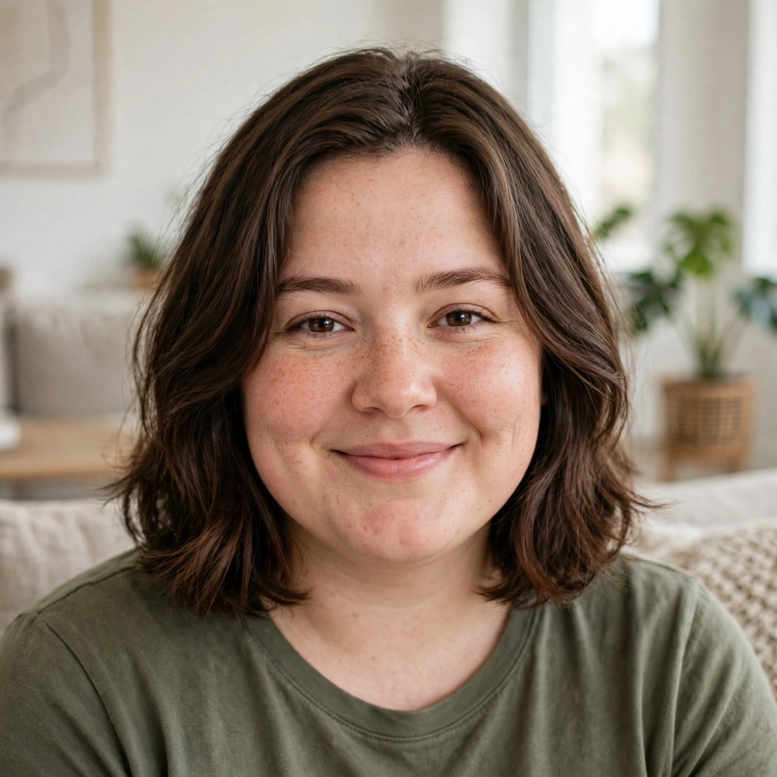 A woman with a round face and a lob with face-framing layers starting below the chin, smiling gently in a bright modern living room, shown from the shoulders up, wearing an olive top.