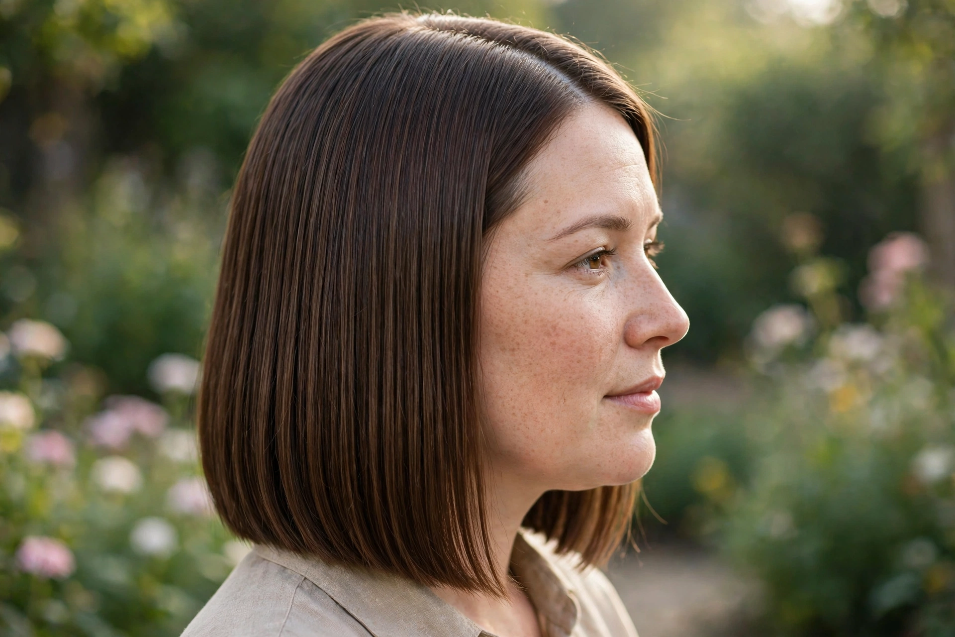 Side view of a woman with a round face and a sleek, straight lob with a center part, highlighting the vertical lines, photographed outdoors in gentle morning light with a blurred garden background, wearing a beige top.