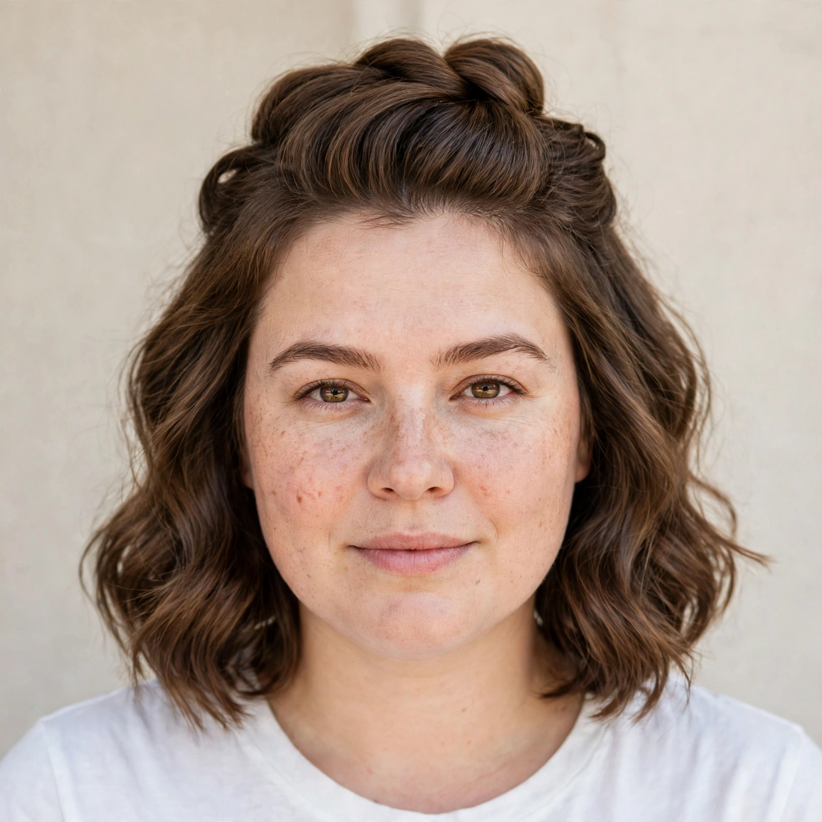 A woman with a round face and a lob styled with crown volume and a half-up twist, photographed in a bright studio setting, front-facing, shoulders up, wearing a white top, with a polished finish.