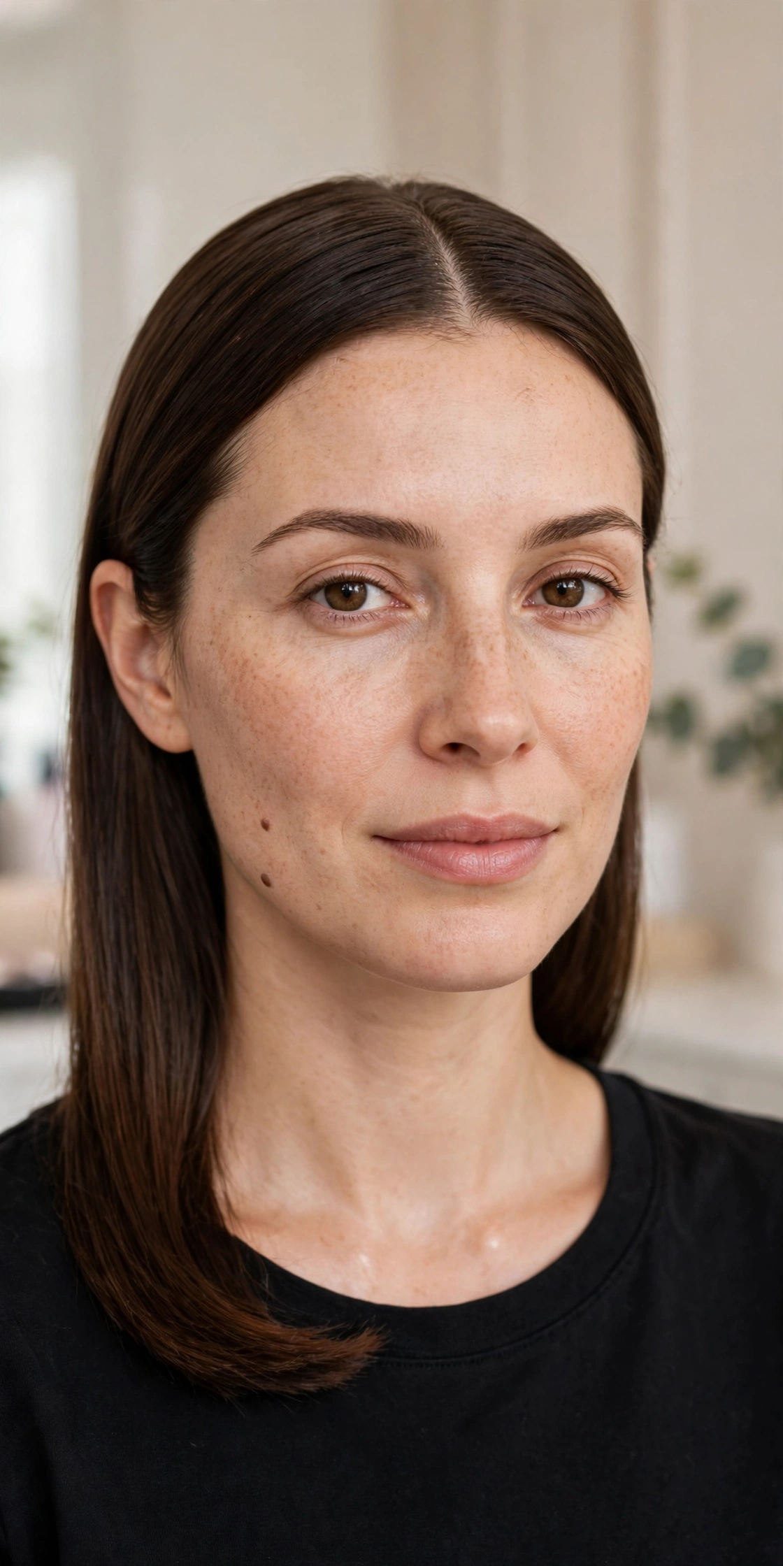 A woman with long, smooth, centre-parted hair with a healthy shine, photographed in a bright salon studio against a soft neutral background, shown from the shoulders up.