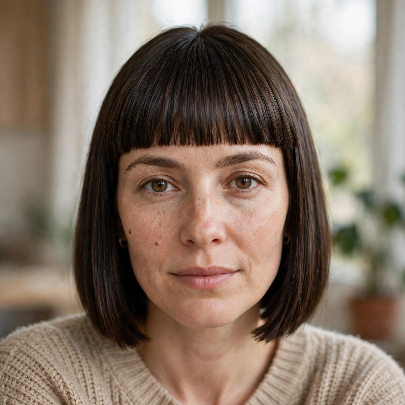 A woman with a blunt lob with a full fringe, photographed in soft daylight indoors, front-facing, shoulders up, with the graphic fringe and clean edge clearly visible.