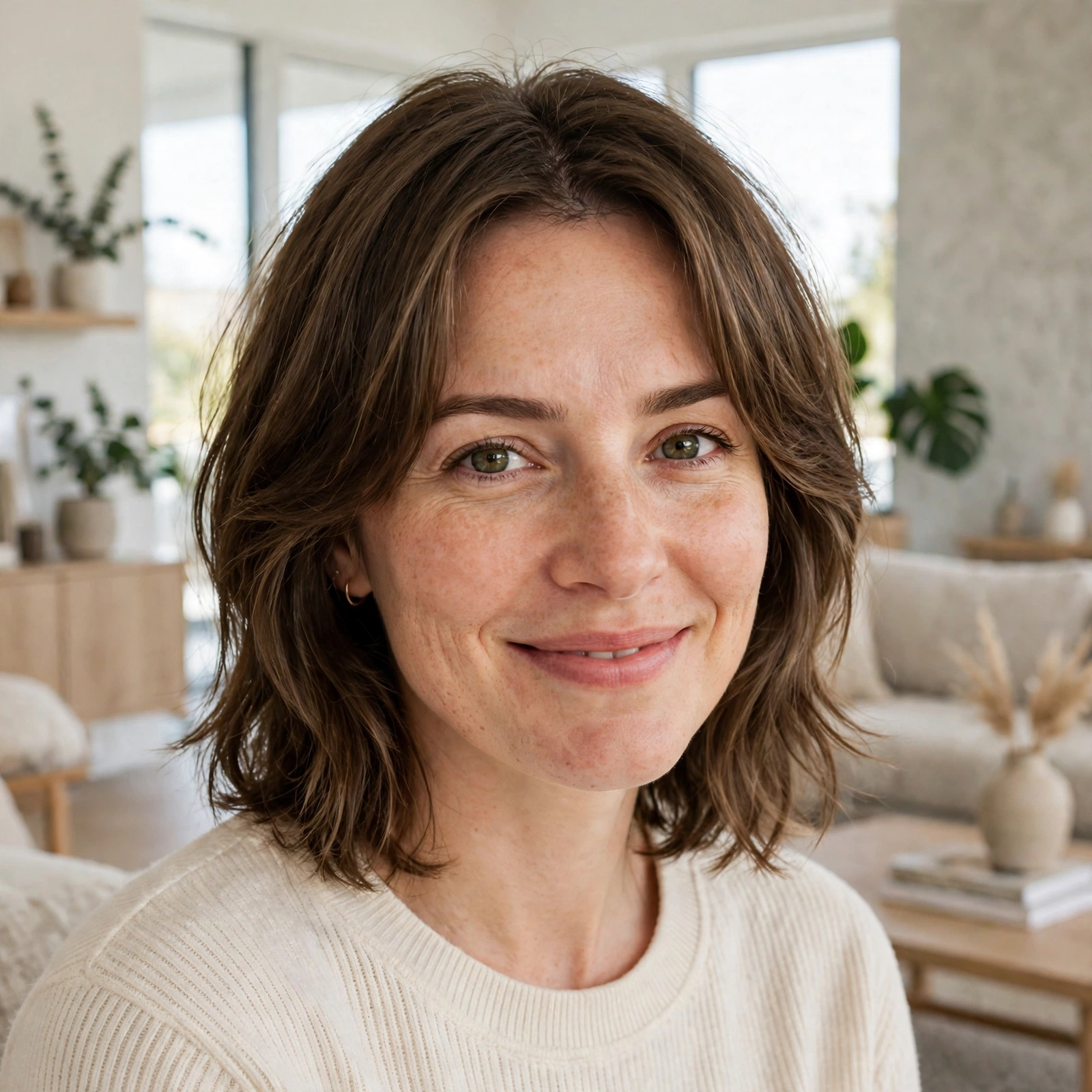 A woman with a layered lob with curtain pieces, smiling gently in a bright modern living room, shown from the shoulders up.
