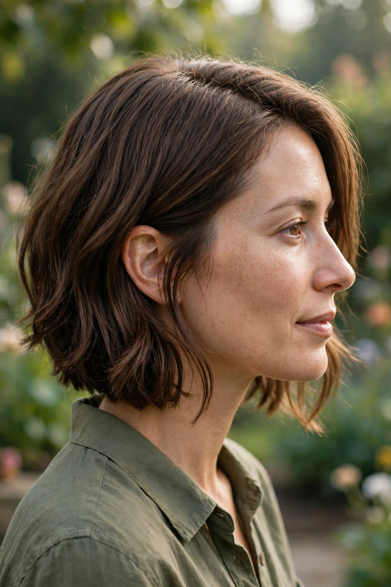 Side view of a woman with an angled lob, longer front pieces framing the jawline, photographed outdoors in gentle morning light with a blurred garden background, wearing an olive/sage shirt.