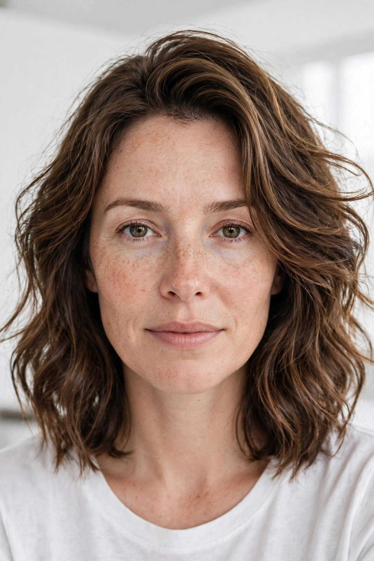 A woman with a textured lob with soft bends, photographed in a bright studio setting, front-facing, shoulders up, wearing a white top, with relaxed, touchable movement.