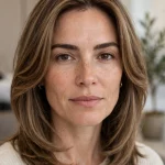 A woman with a square face and a collarbone-length lob with soft face-framing layers curving inward, wearing gold hoop earrings, photographed in a bright salon studio against a soft neutral background, shown from the shoulders up, with the softened frame clearly visible.