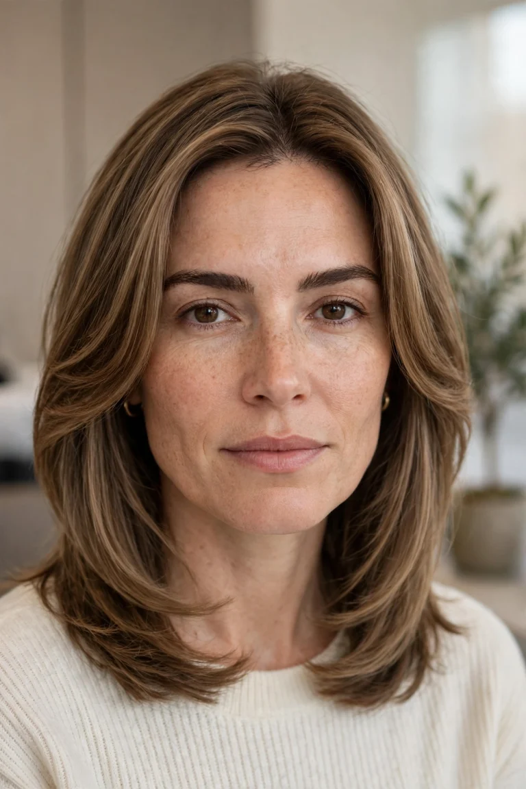 A woman with a square face and a collarbone-length lob with soft face-framing layers curving inward, wearing gold hoop earrings, photographed in a bright salon studio against a soft neutral background, shown from the shoulders up, with the softened frame clearly visible.