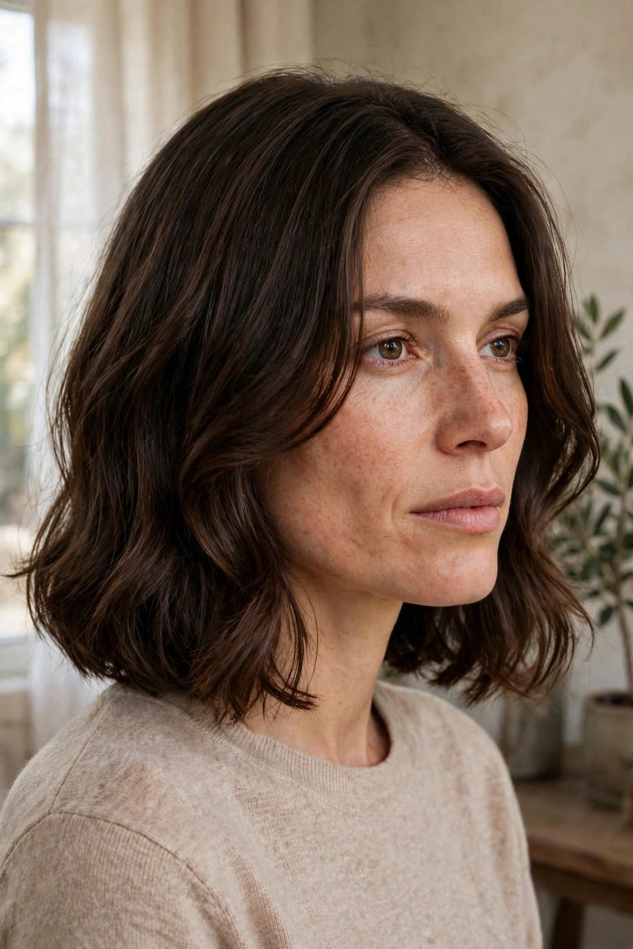 Three-quarter view of a woman with a square face and a lob with curtain pieces framing the cheekbones, photographed in soft daylight indoors.