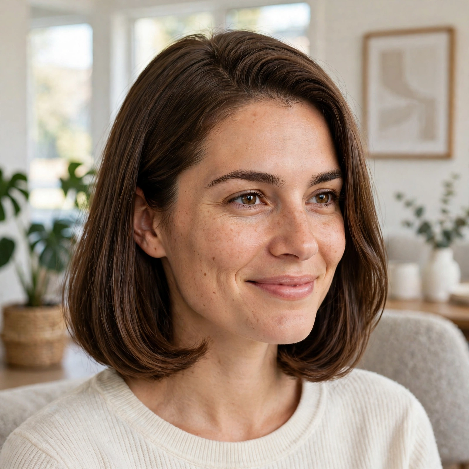 A woman with a square face and a lob with rounded ends and a part that reads centre-to-side, smiling gently in a bright modern living room, shown from the shoulders up.