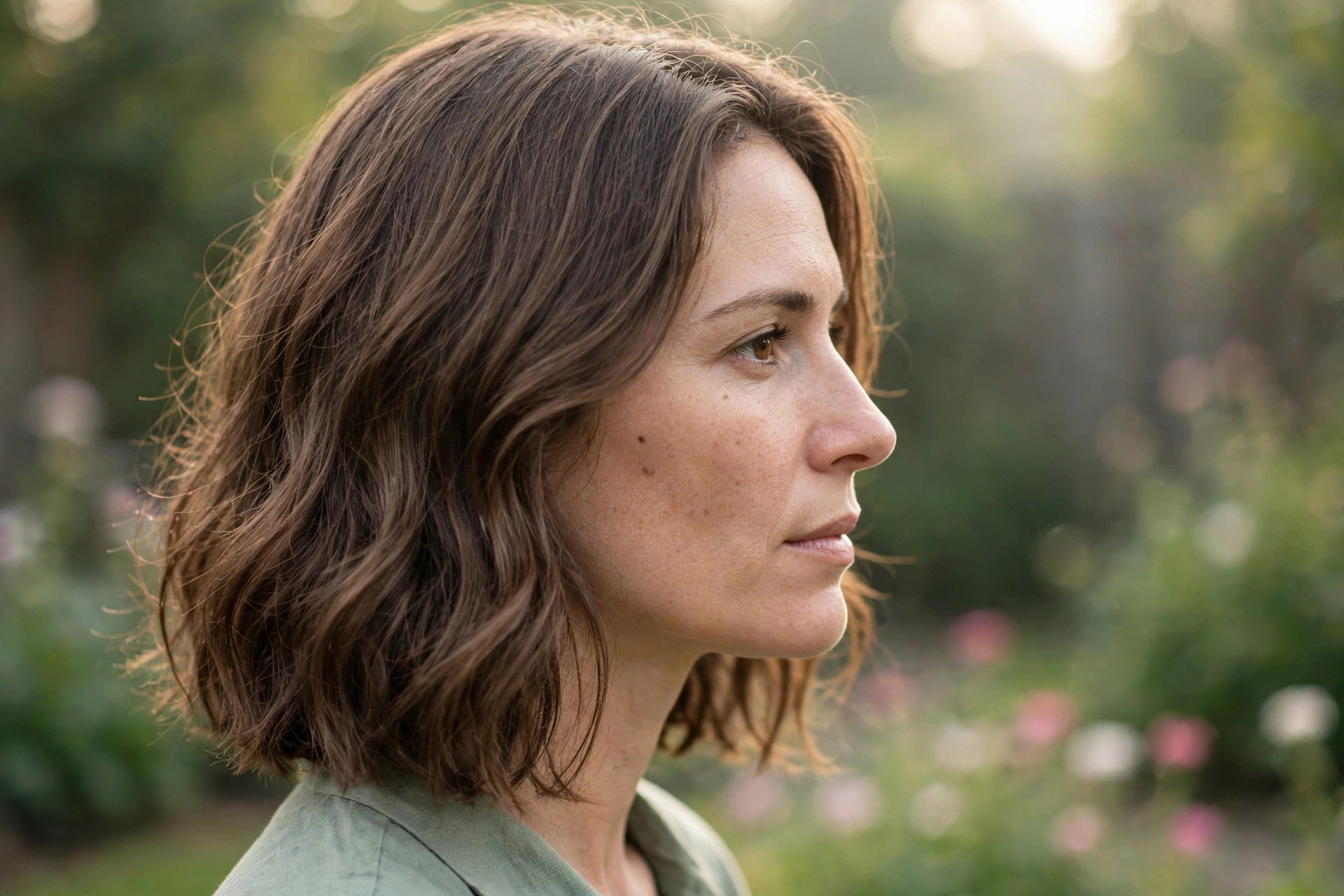 Side view of a woman with a square face and a lob with soft bends through the lengths, photographed outdoors in gentle morning light with a blurred garden background, wearing an olive/sage shirt.
