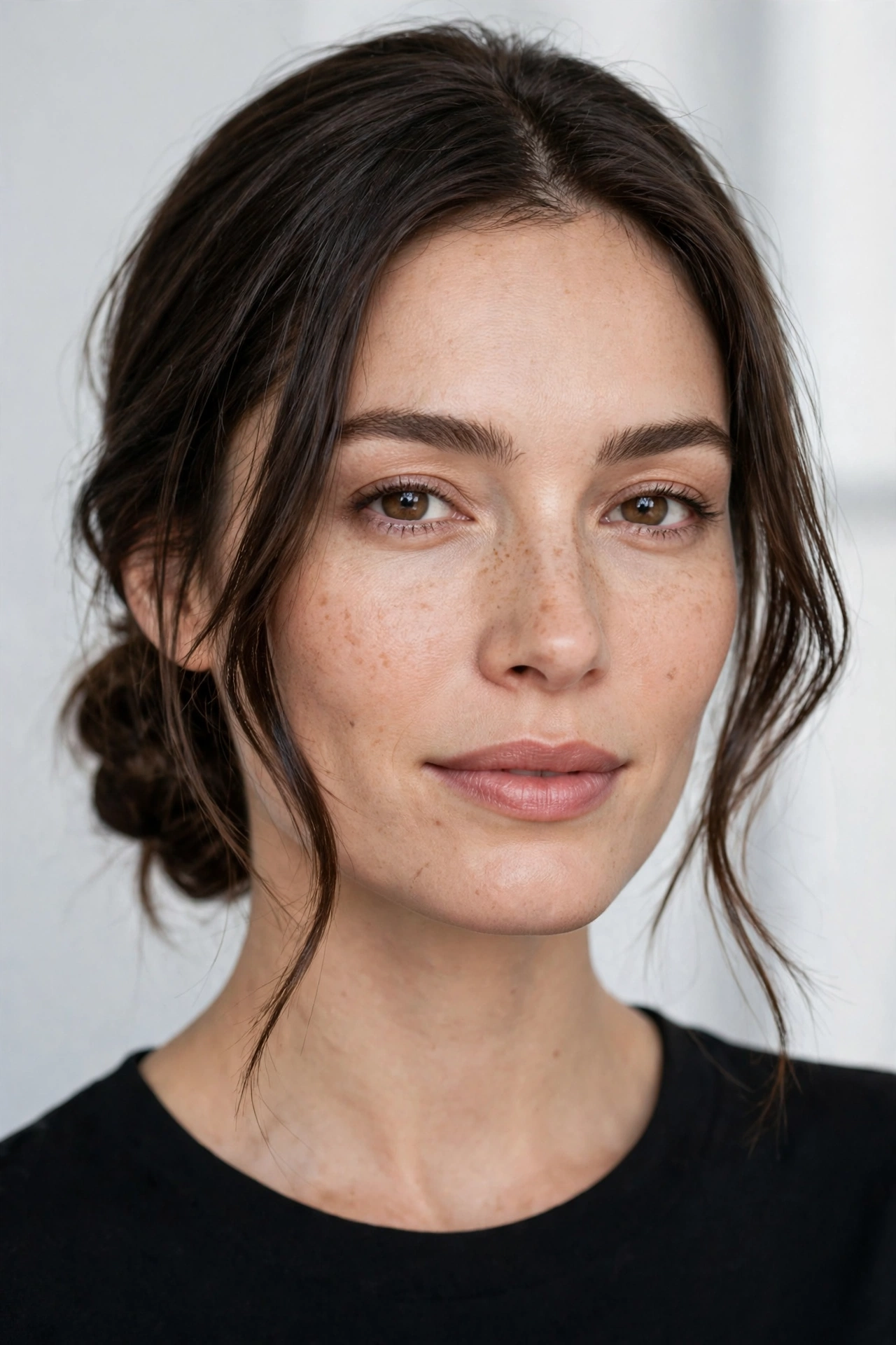 A woman with a square face and a lob styled in a low bun with loose face-framing pieces, photographed in a bright studio setting, front-facing, shoulders up, wearing a black top, with an elegant finish.