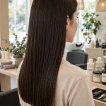 A woman with waist-length straight dark brown hair cut in a sharp one-length blunt style, standing in a bright salon with soft daylight, shown from the back at a three-quarter angle so the clean, even hemline is clearly visible, wearing a simple beige top, clean bright professional hair photograph.