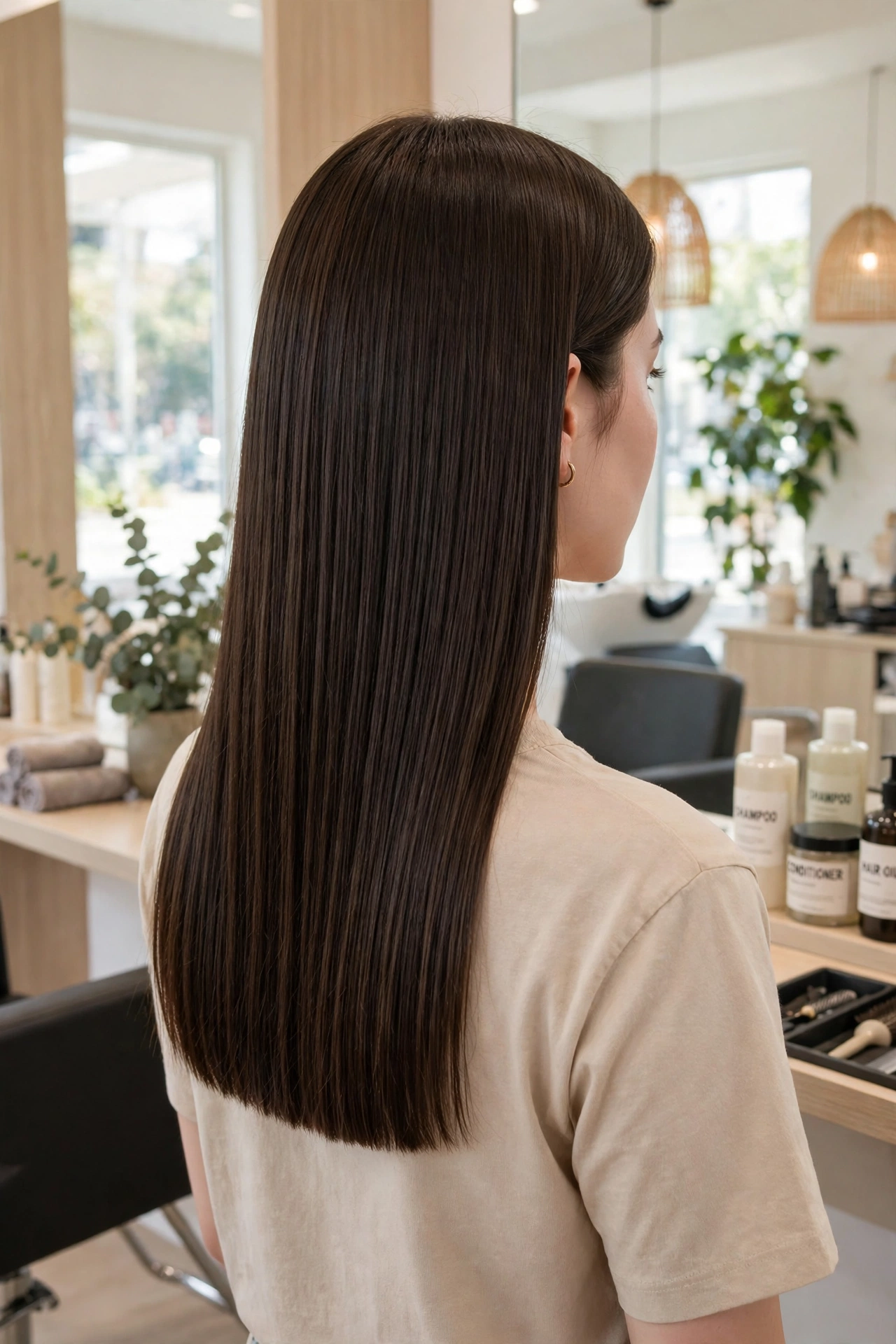 A woman with waist-length straight dark brown hair cut in a sharp one-length blunt style, standing in a bright salon with soft daylight, shown from the back at a three-quarter angle so the clean, even hemline is clearly visible, wearing a simple beige top, clean bright professional hair photograph.