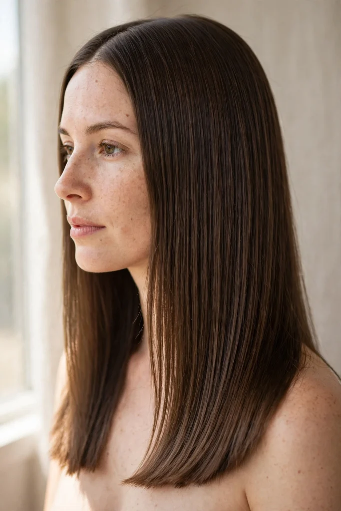 Close-up side view of a woman with chest-length blunt hair and a centre part, photographed in natural window light against a soft neutral background, with the sharp ends and smooth lengths in clear focus.