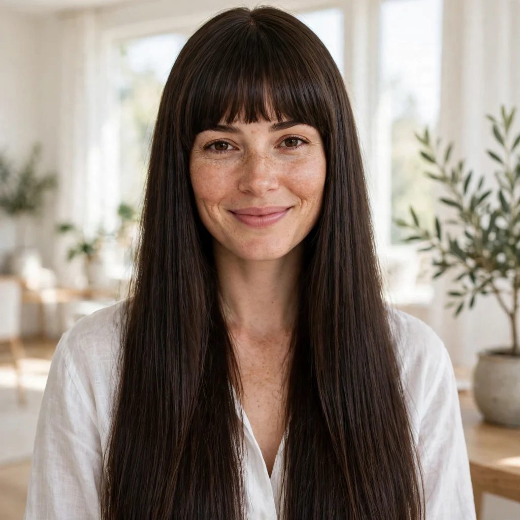 A woman with a blunt cut and a full straight fringe, smiling softly at the camera in a bright, airy room, shown from the shoulders up, with the graphic fringe and even hem framing the portrait.
