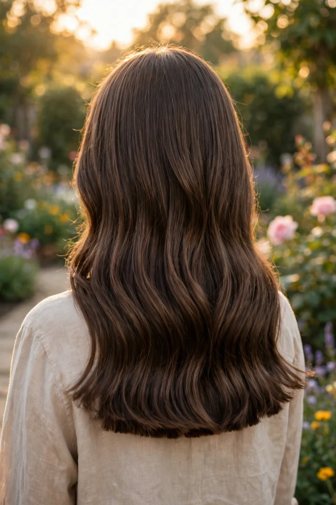 Back view of a woman with long blunt hair styled with gentle waves, standing outdoors in soft golden daylight with a blurred garden background, showing how the blunt ends hold their shape through waves.