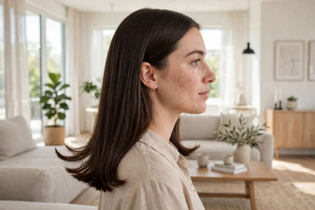 A woman with mid-back blunt hair and flipped-out ends, photographed in a modern, light-filled living room, shown from the side at shoulder height, with the flicked ends and clean perimeter clearly visible.