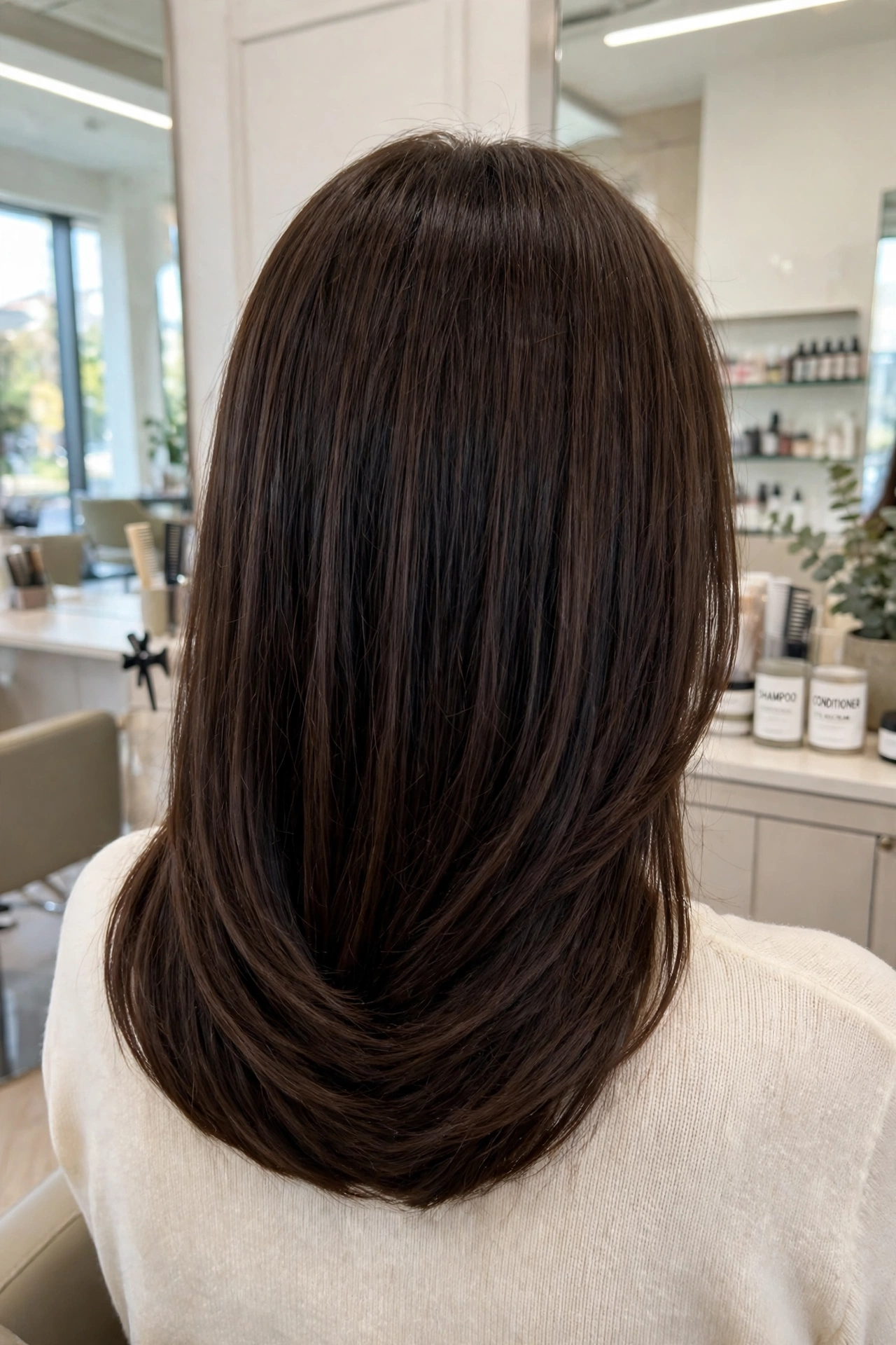 A woman with long, dark brown hair cut in a soft U-shape, photographed from the back in a bright salon, showing the gentle rounded curve of the outline with the centre falling longest, wearing a cream top, clean bright professional photograph.