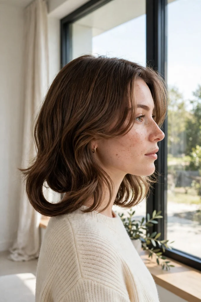 Side view of a woman with a U-shaped cut and soft waves, standing by a large window in natural daylight, with the curved outline and face-framing lengths clearly visible.